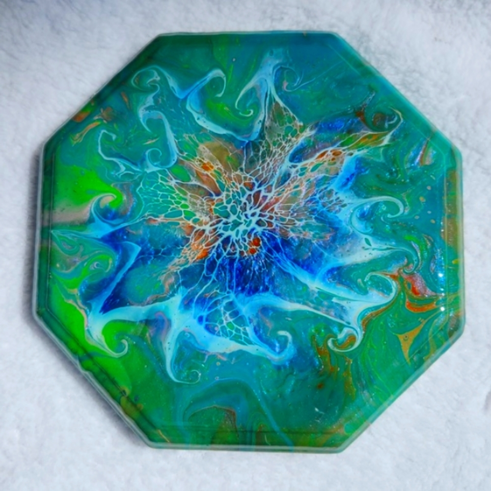 Hand Crafted Painted Octagon Wooden Trivet 6x6 Acrylic Resin Art Home Decorative